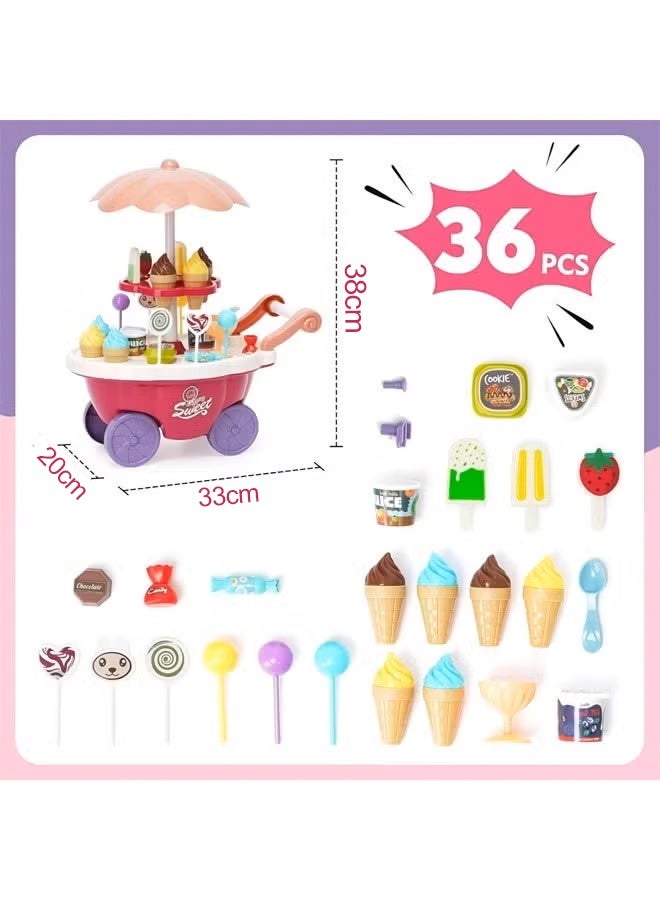 Kitchen Playset Ice Cream Cart Toy for Kids with Light And Music Pretend Play Ice Cream Shop Set Toy Kitchen Cooking Toy Children's Kitchen Playhouse Toys with Candy Ice Cream Role Play Cookware Indoor DIY Toy Games Kitchen Accessories Toys for 3+ Years Old Boys and Girls - Image 2